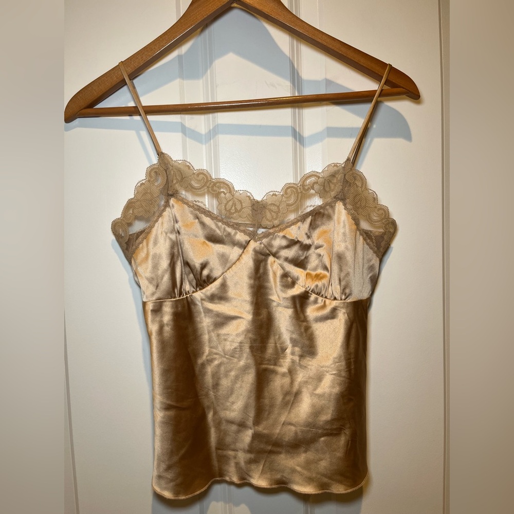 Vintage Trina Turk Silk Lace-Trim Camisole in Champagne Gold Size Small